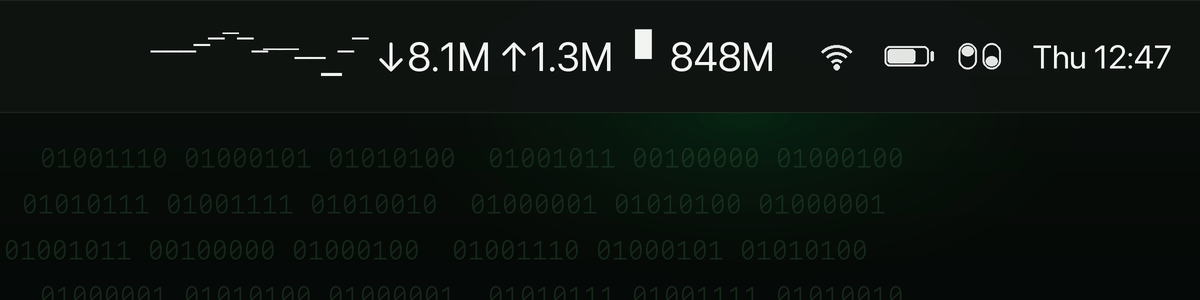 1 Bit Data live in the macOS menu bar: a scrolling sparkline, live download and upload speed, and today's running total.