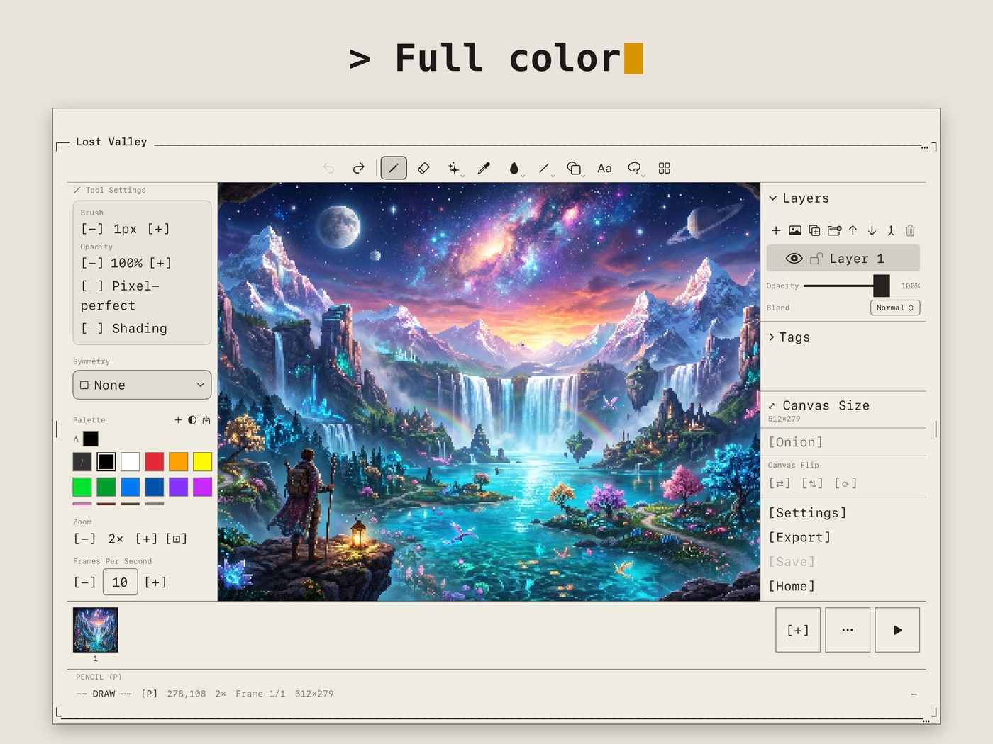 1 Bit Pixel editor on iPad with a full-color pixel-art landscape, layers and palette panels