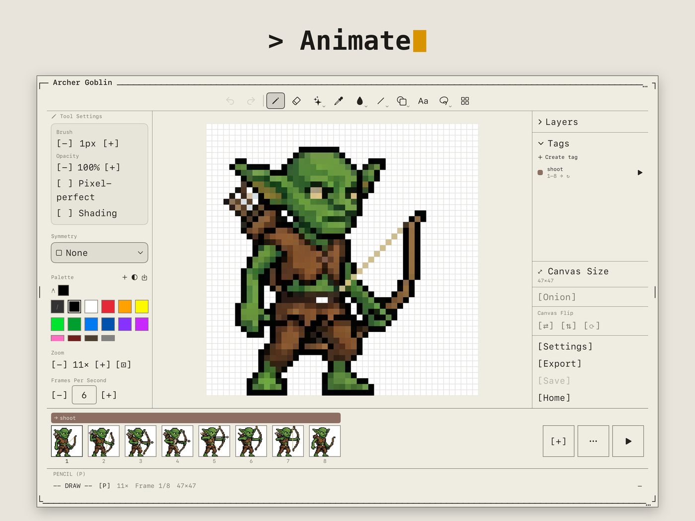 Frame-by-frame animation of a goblin sprite with timeline and frame tags