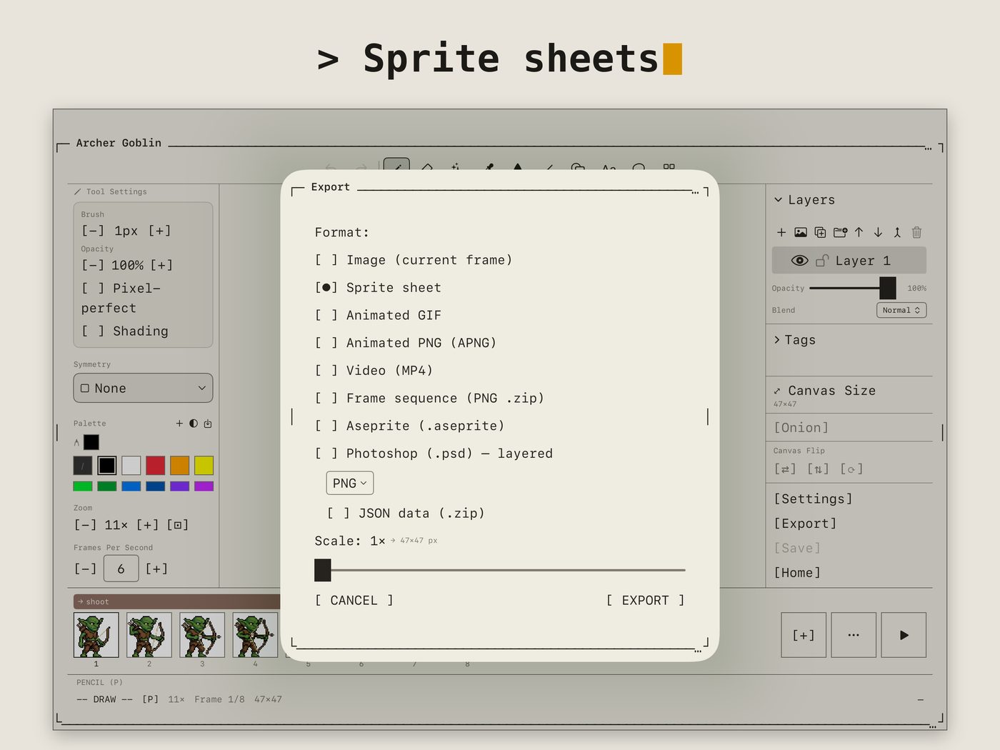 Sprite sheet export options
