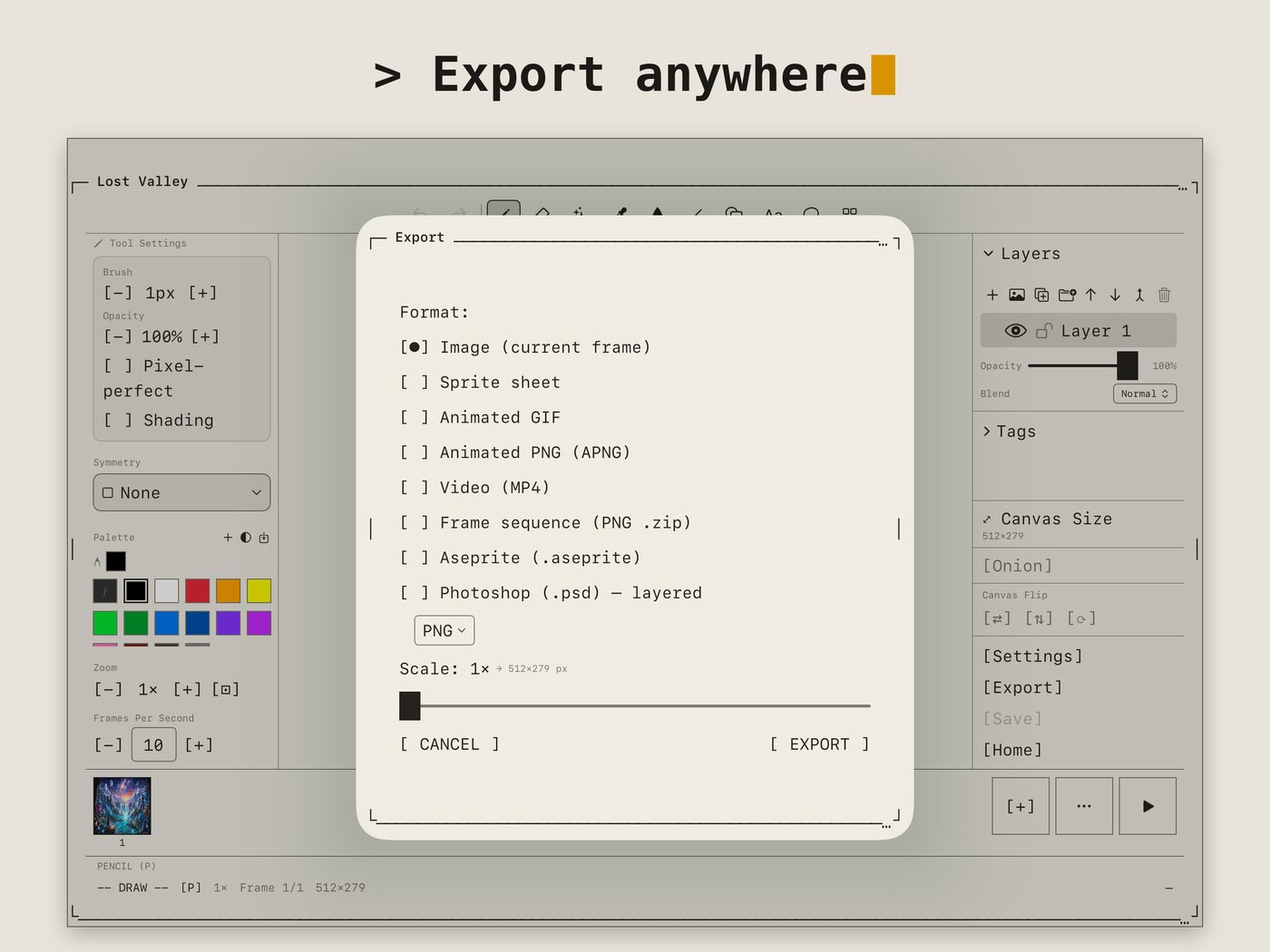 Export formats: PNG, GIF, APNG, MP4, Aseprite, PSD and more